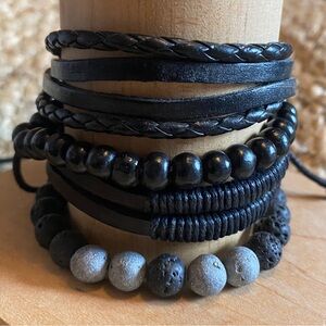 Leather, Wood, and Basalt and Pyrite Beaded Bracelet Stack